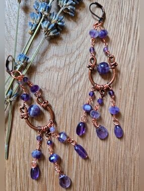 Natural Amethysts In Handcrafted Artisan Chandelier In Antique Copper Earrings